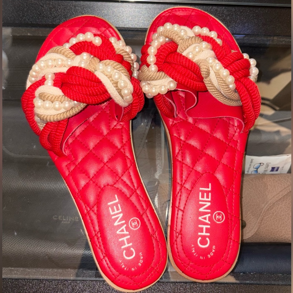 Chanel Red/Cream Tweed and Pearl Cuba Slides (EU size: 40)
